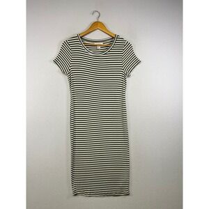 Casual Striped Motherhood Maternity Womens Medium Olive White Ribbed Midi‎ Dress